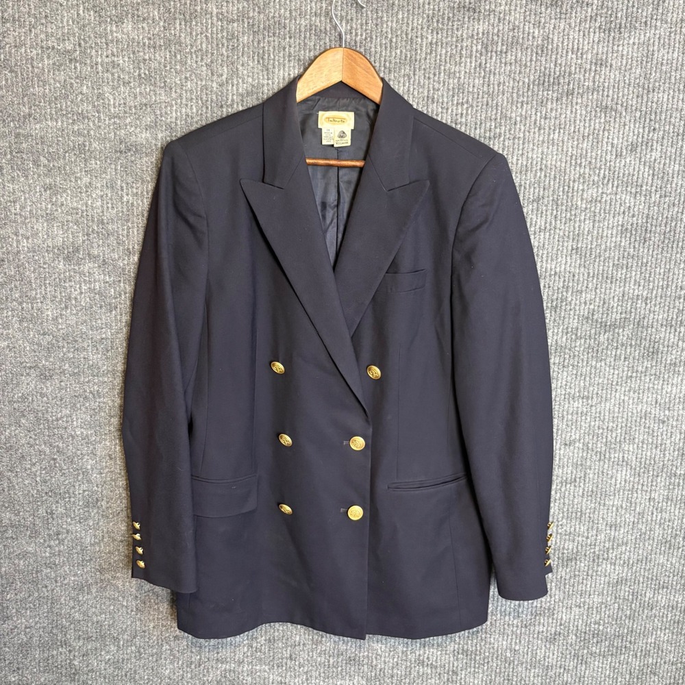 Vintage Talbots Navy Wool Blazer 14 Gold Buttons Double Breasted Made USA